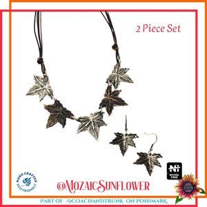 Artisan Crafted Brown Leather Hypoallergenic Maple Leaf Necklace & Earrings Set